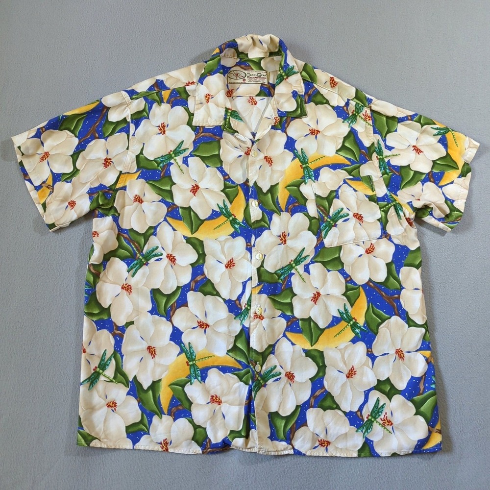 BayouWear HowAhYa Hawaiian Shirt Moonlit Magnolias Mens XL Blue Dragonfly Rayon - Picture 2 of 9